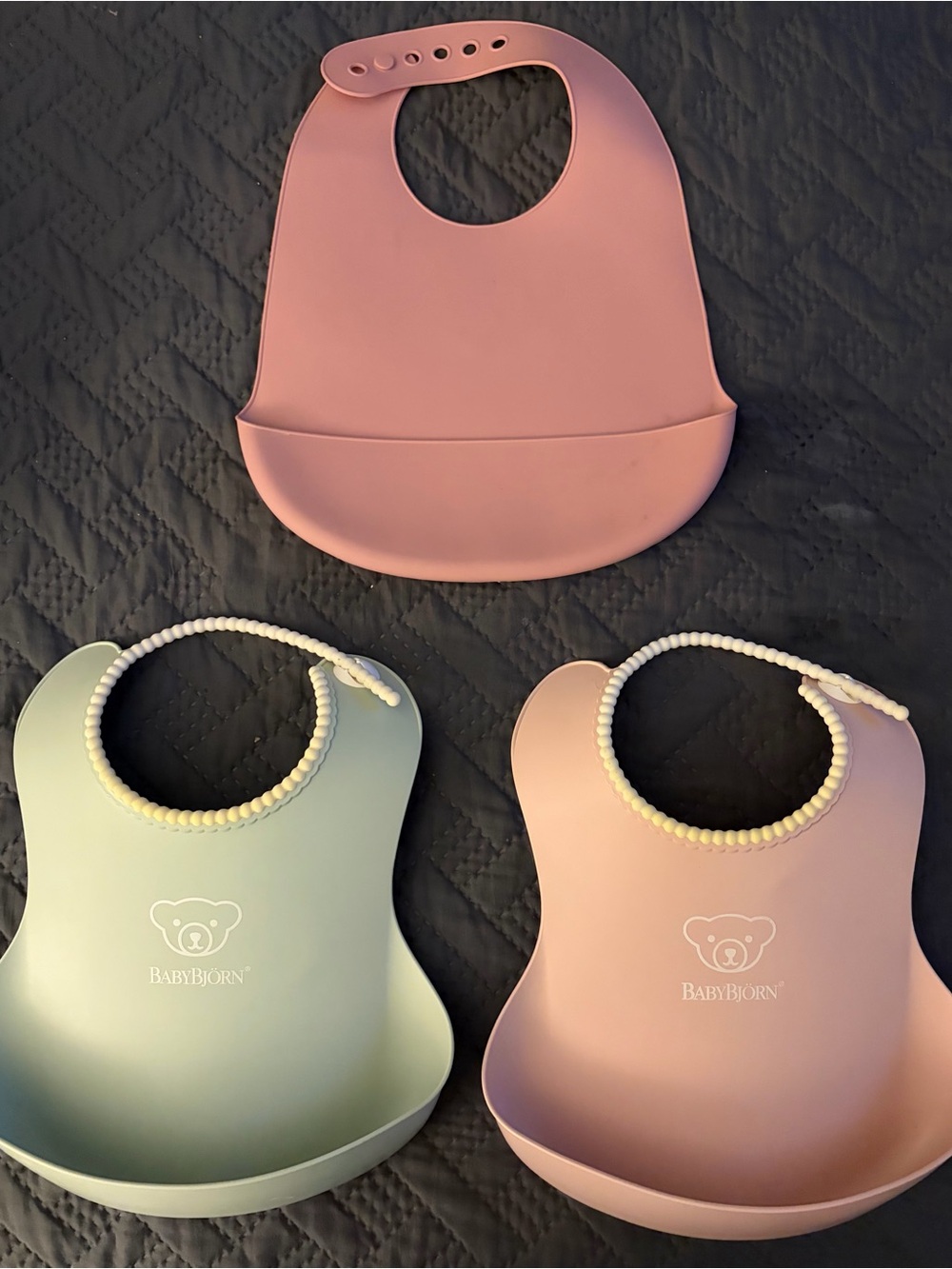 Silicone Bib and 2 Baby Bjorn Pink and Sage Green Bibs